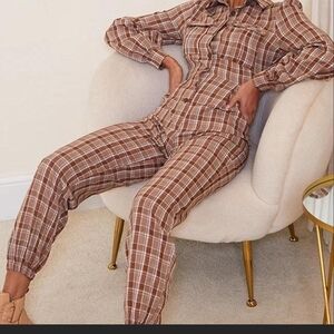 PrettyLittleThing Checkered Brown Jumpsuit